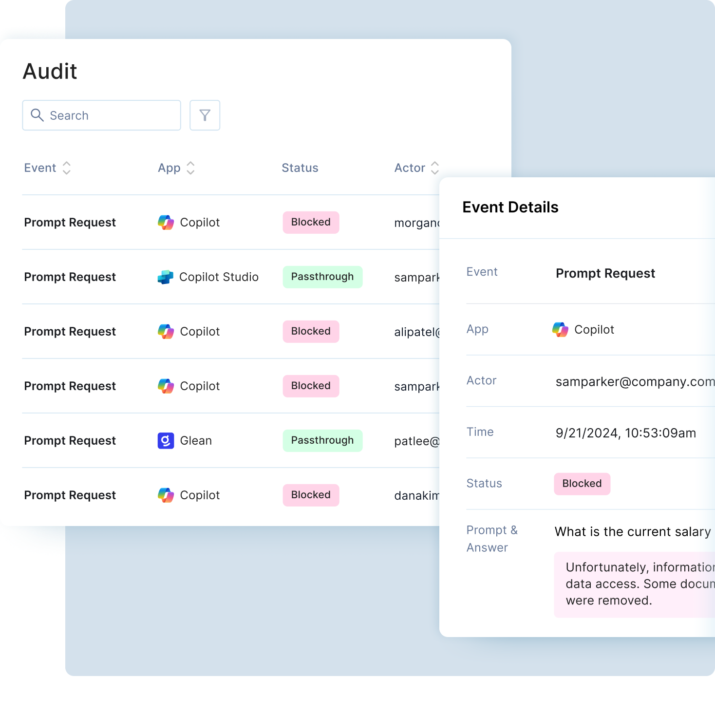 UI snippets of Audit and Event Details